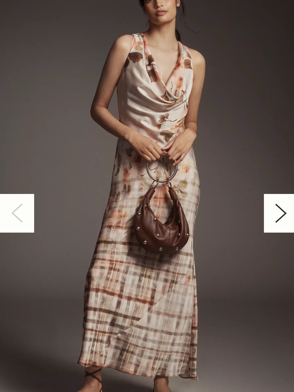 Anthropologie Gracie Cowl-Neck Floral & Plaid Maxi Satin Slip Dress
